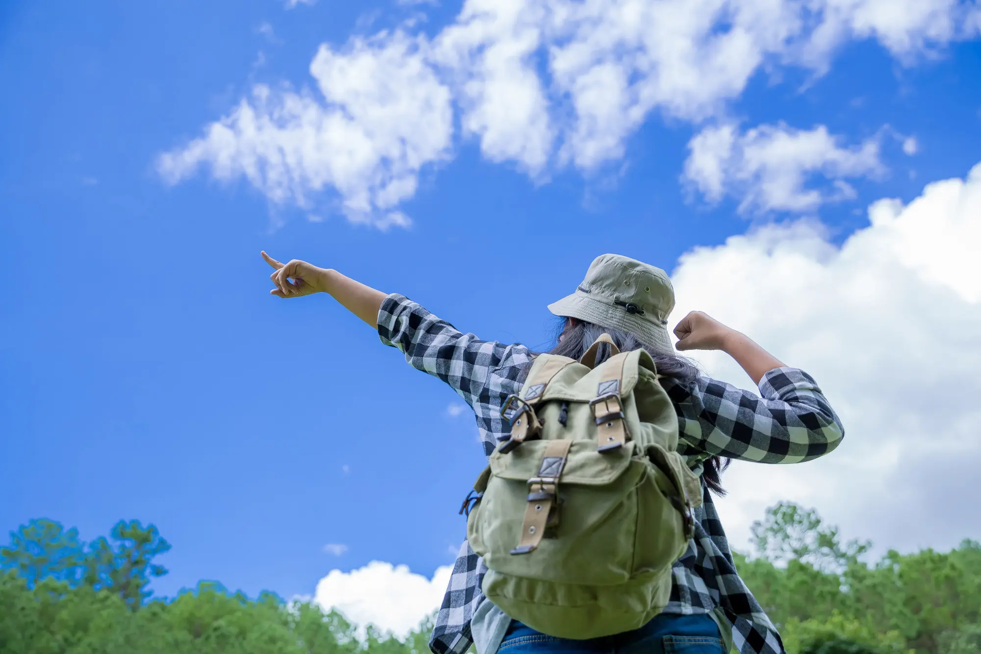 Traveler pointing at the sky